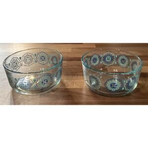Set Of 2 Pyrex Glass Food Storage Bowls Daisy Pinwheel Turquoise Blue 7201